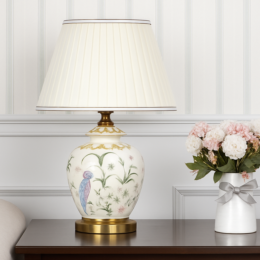 lampe de bureau céramique moderne motifs fleurs oiseaux décoration intérieure