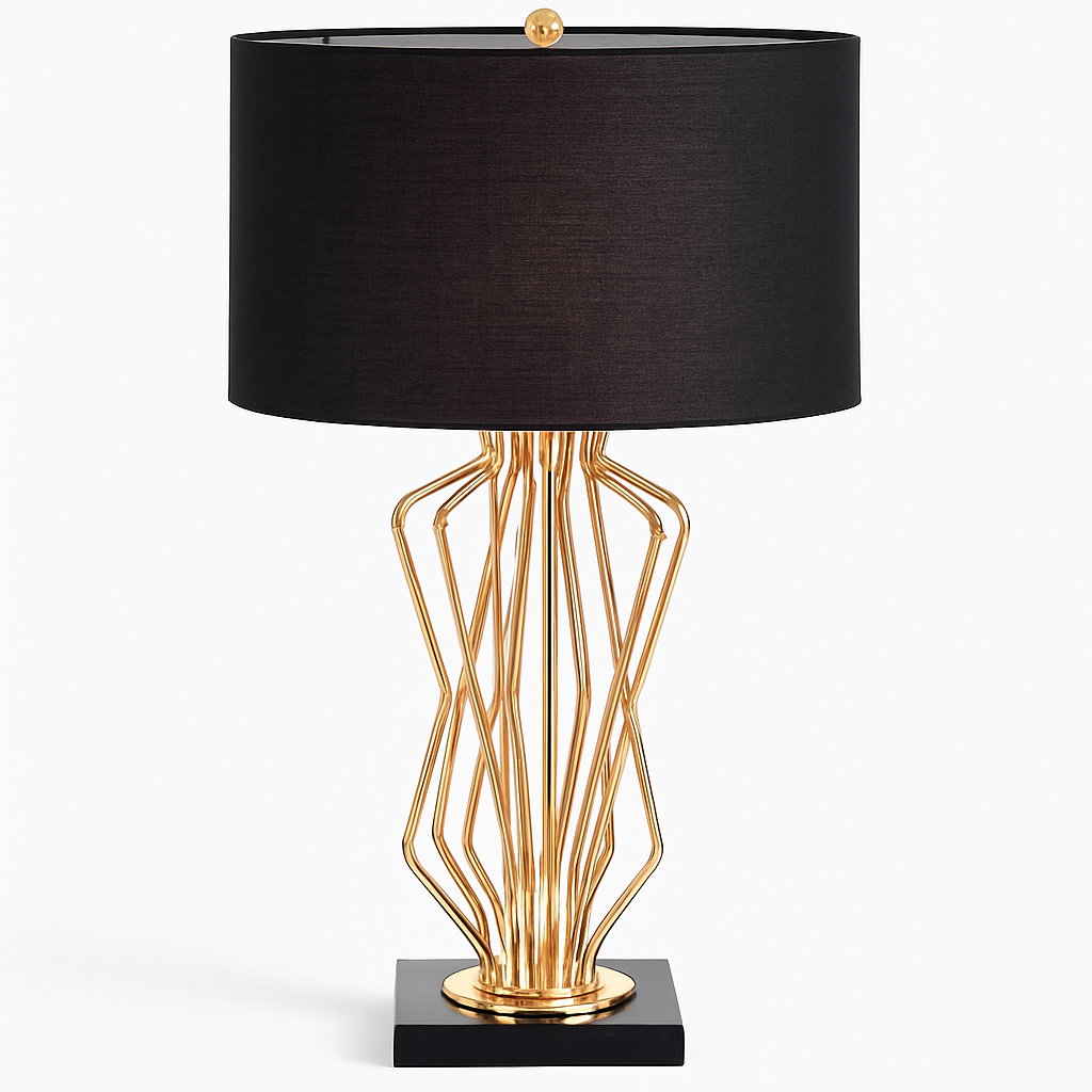 Lampe de chevet à pied design doré et abat-jour en tissu