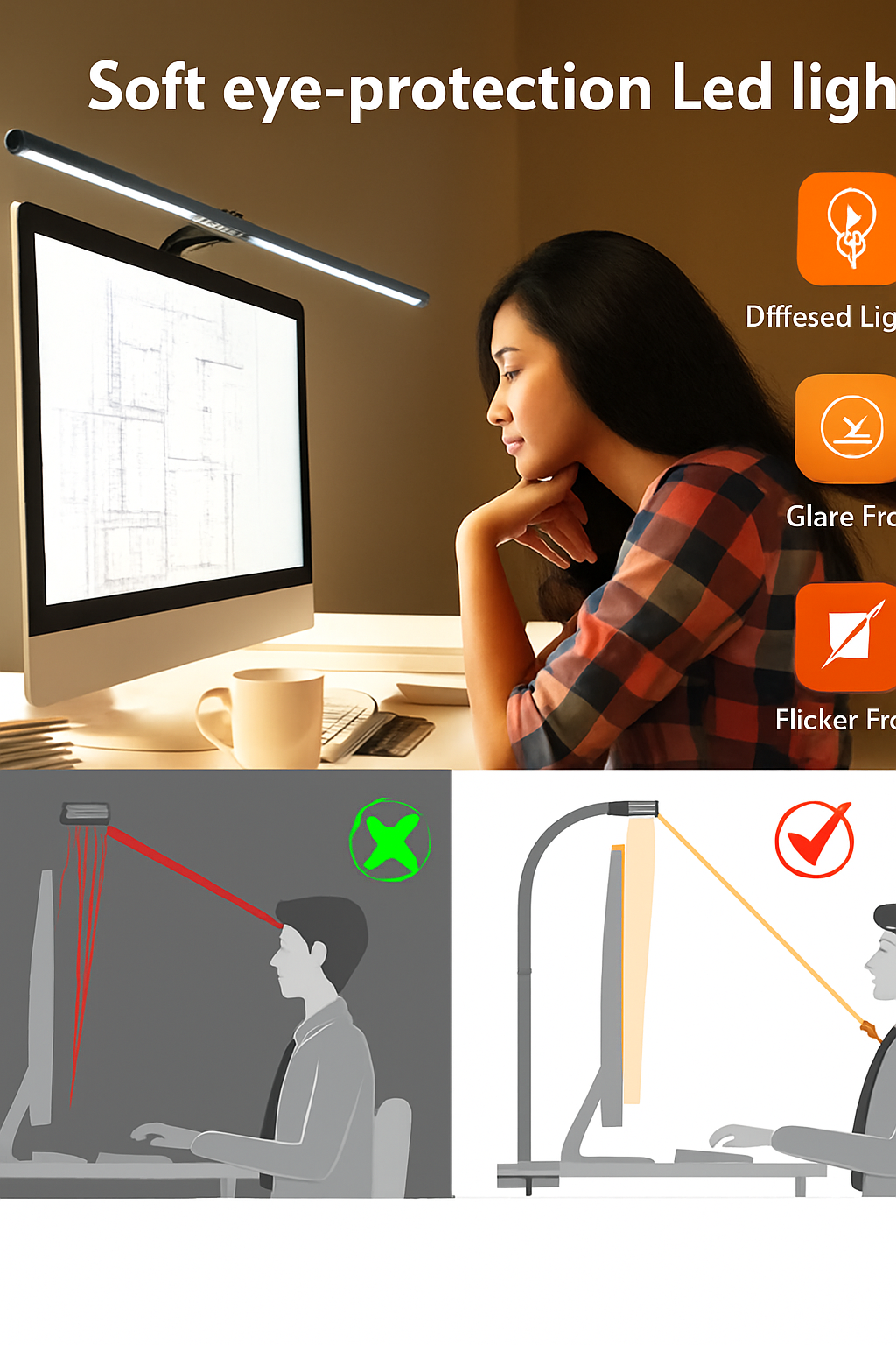 LAOPAO Lampe de bureau LED à double tête Lampes de bureau d'architecte EU/US Bureau 24W 5 modes de couleur les plus lumineux et 5 lampes de protection des yeux à intensité variable
