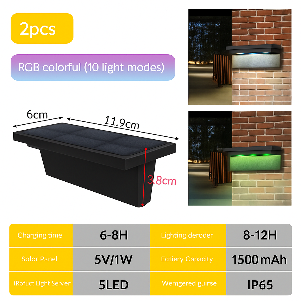 Applique murale — Lot de 2 appliques solaires extérieures 5 LED étanches intelligentes