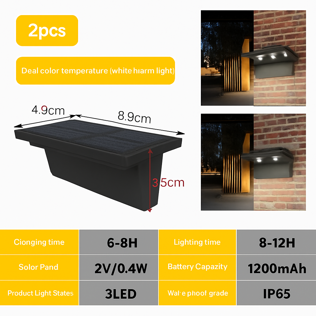 Applique murale — Lot de 2 appliques solaires extérieures 5 LED étanches intelligentes