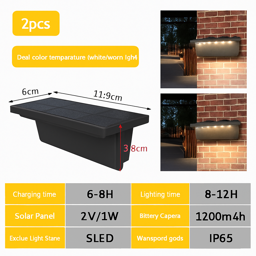 Applique murale — Lot de 2 appliques solaires extérieures 5 LED étanches intelligentes