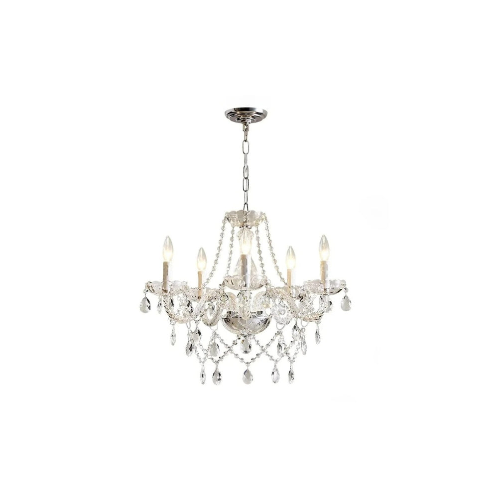Lustre baroque Lorène à cinq lumières, bras courbes et pampilles de cristal