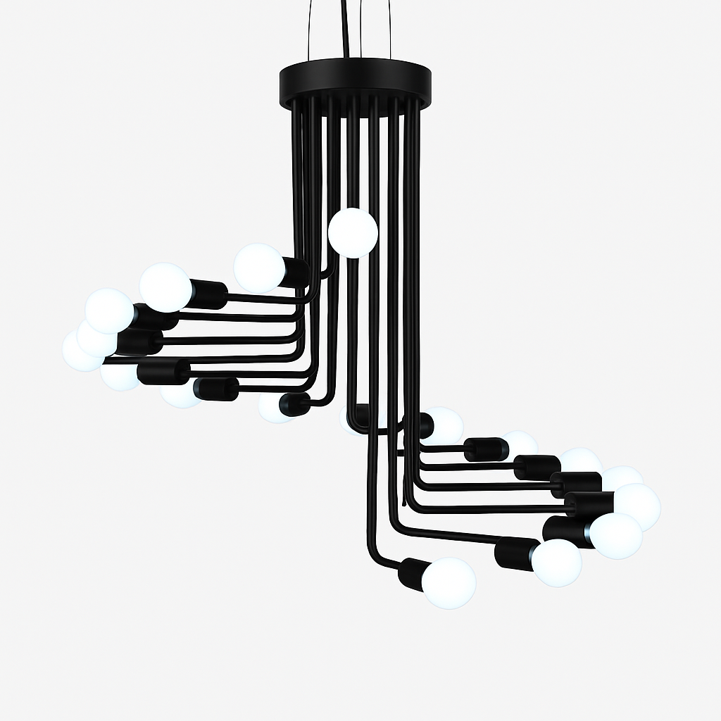 Lustre — Design noir avec plusieurs branches en forme d'escalier