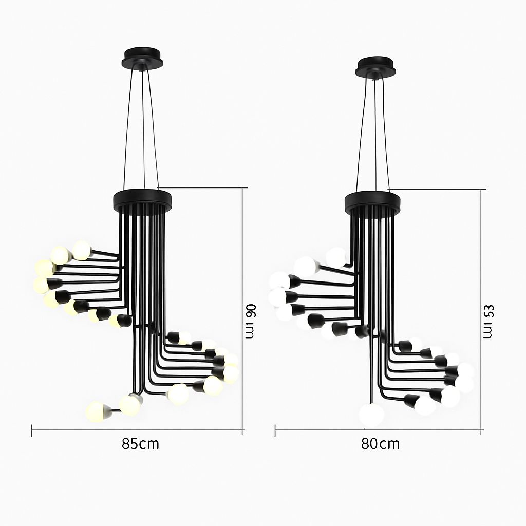 Lustre — Design noir avec plusieurs branches en forme d'escalier