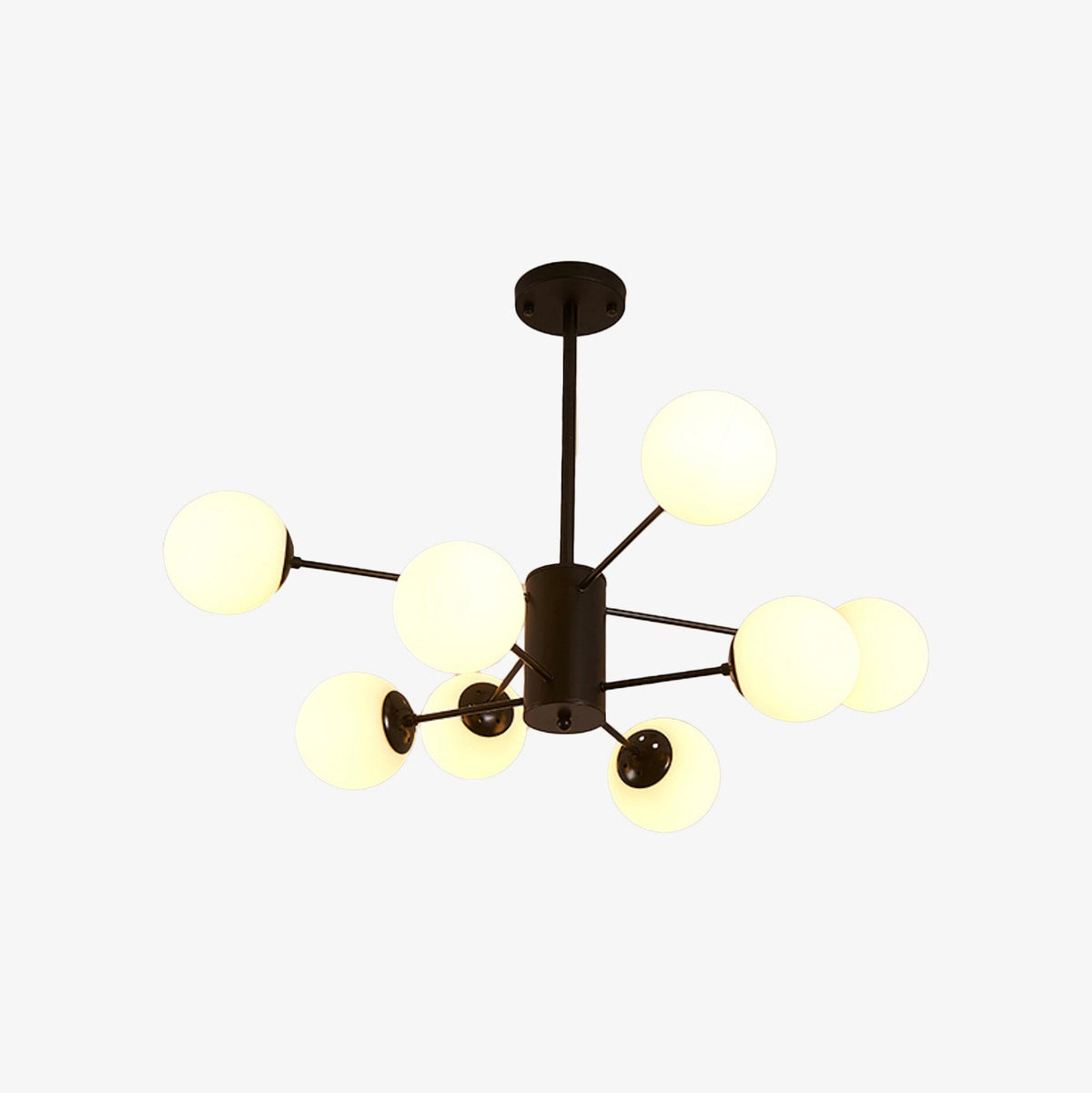 Lustre — Design noir avec plusieurs branches et lampe en verre Vintage