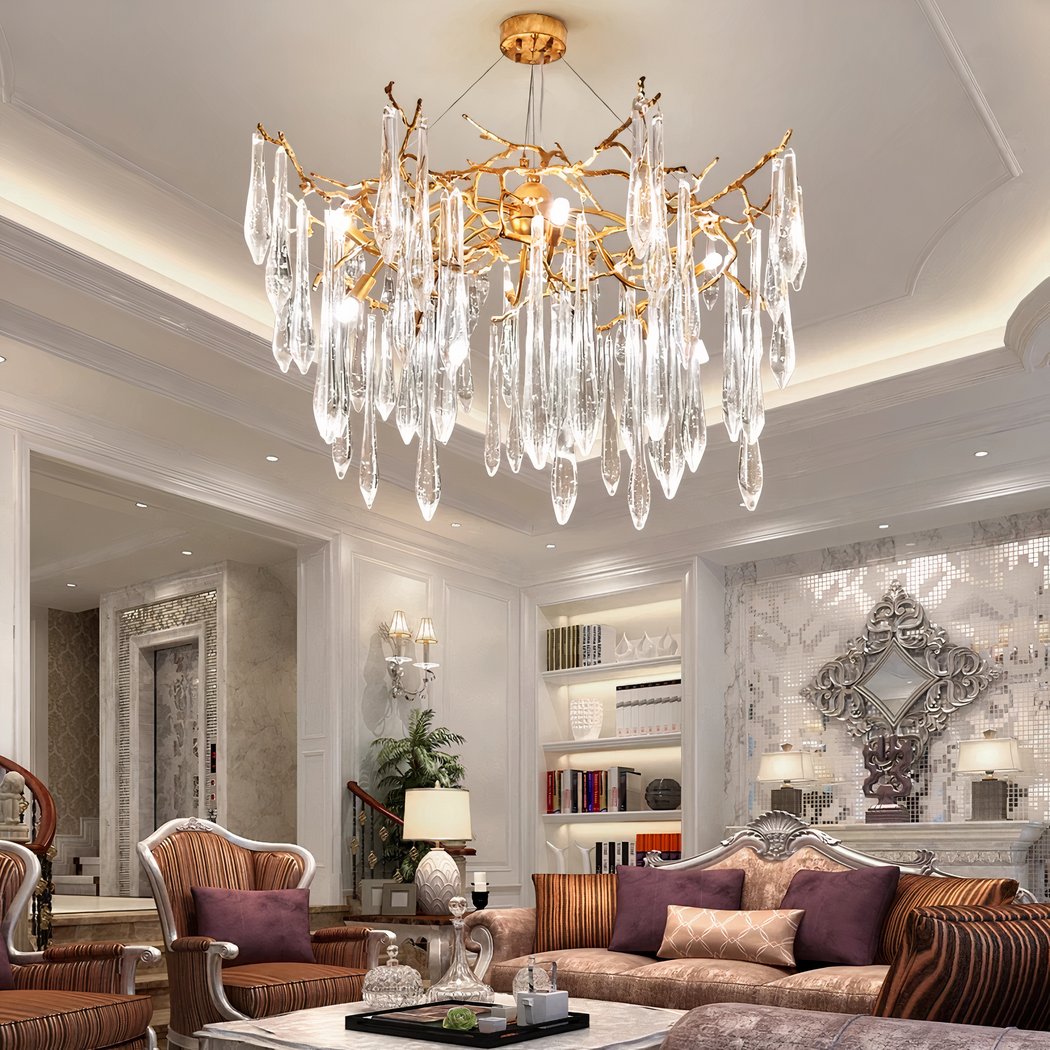 Lustre — Goutte d’eau dorée en cristal au design moderne