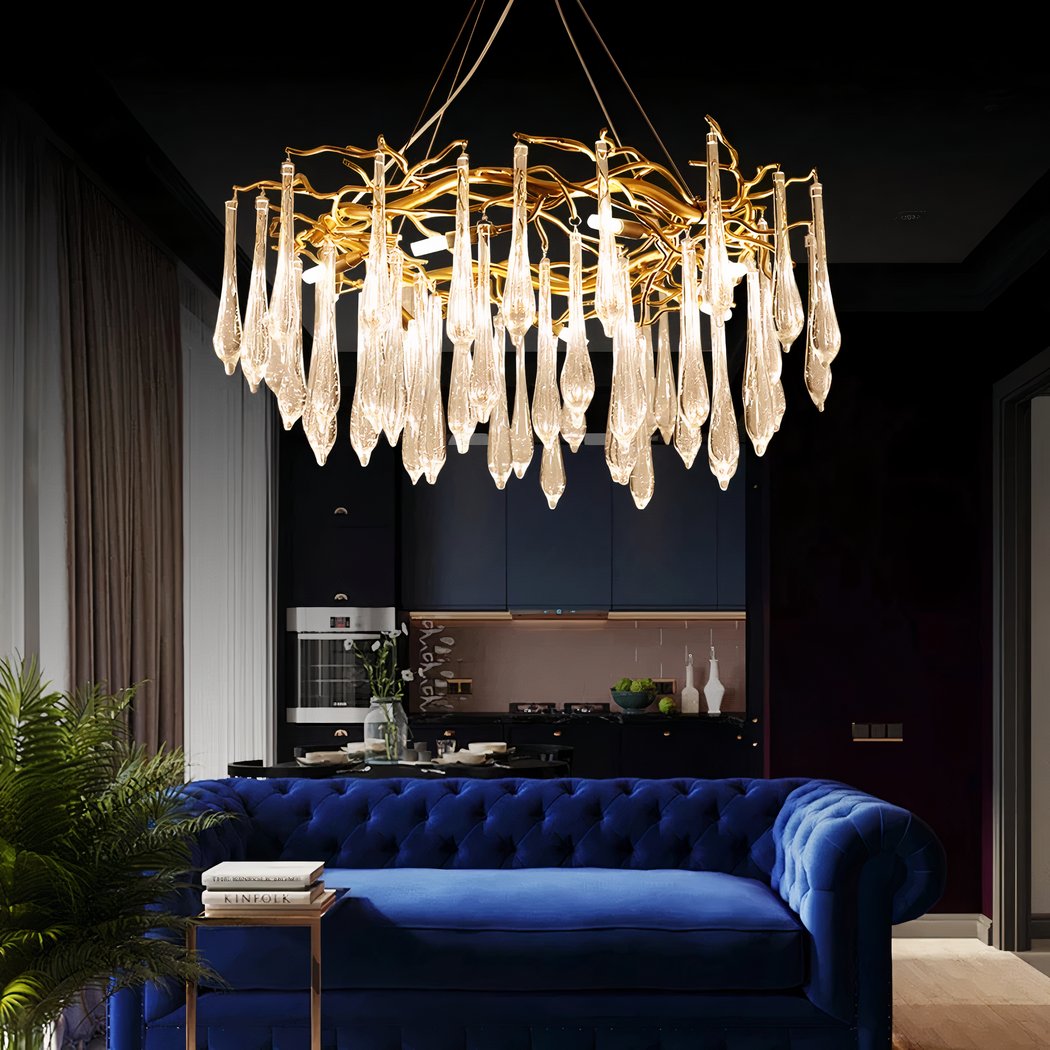Lustre — Goutte d’eau dorée en cristal au design moderne