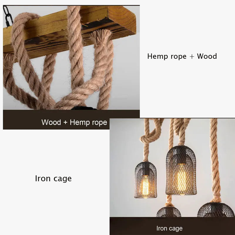 Lustre Industriel Arsène Rivage en Corde de Chanvre et Bois