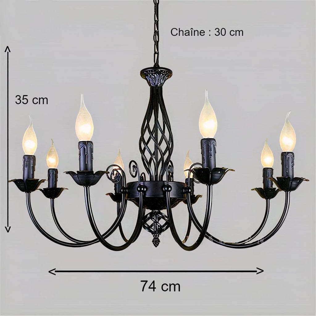 Schéma des dimensions du lustre industriel Salomé en fer forgé, largeur de 74 cm