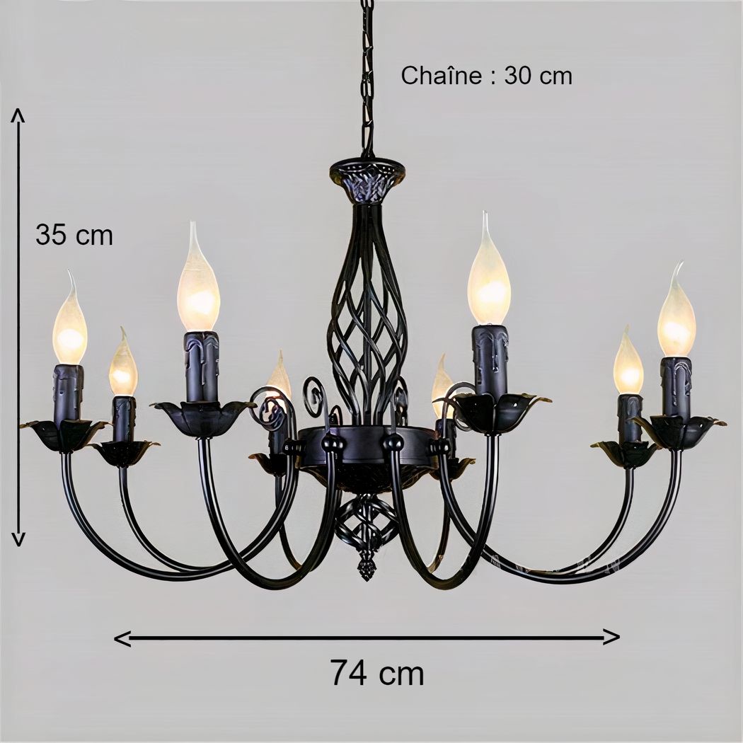 Schéma des dimensions du lustre industriel Salomé en fer forgé, largeur de 74 cm