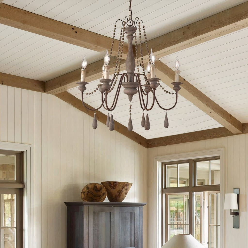 Lustre — Laiton et bois LED style campagnard gris