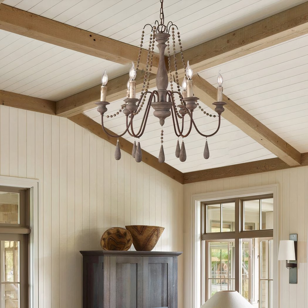 Lustre — Laiton et bois LED style campagnard gris