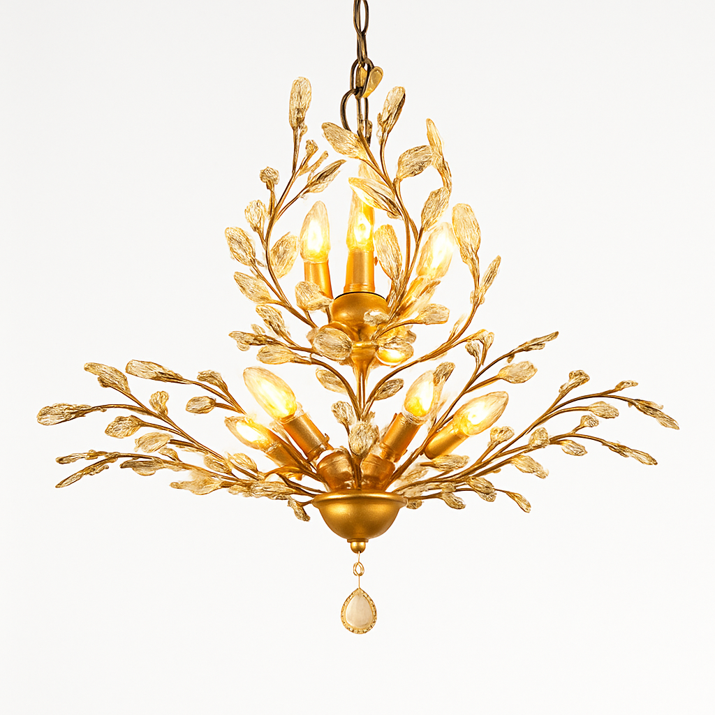 Lustre — LED en cristal doré à feuilles
