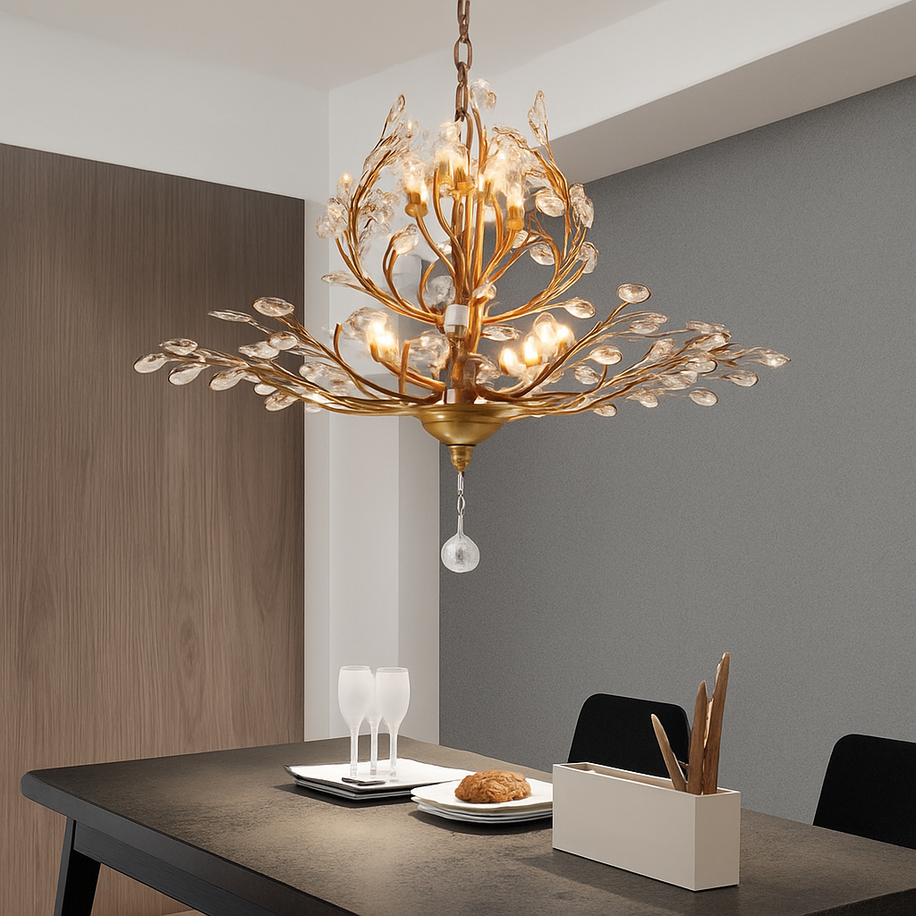 Lustre — LED en cristal doré à feuilles