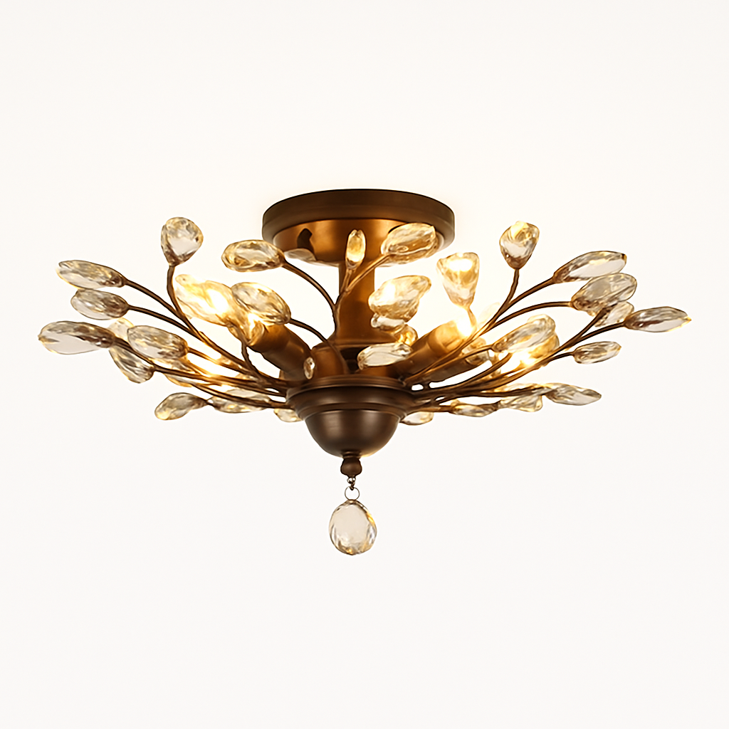Lustre — LED en cristal doré à feuilles