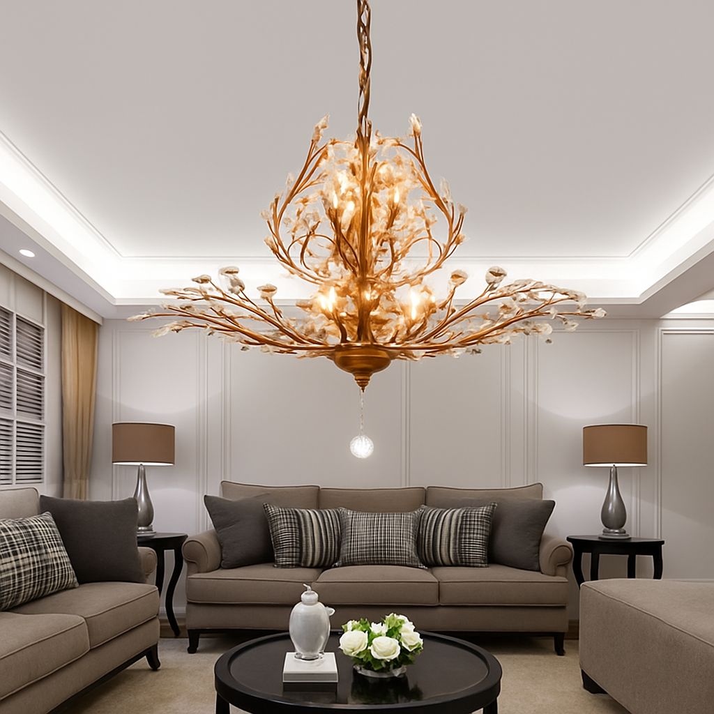 Lustre — LED en cristal doré à feuilles