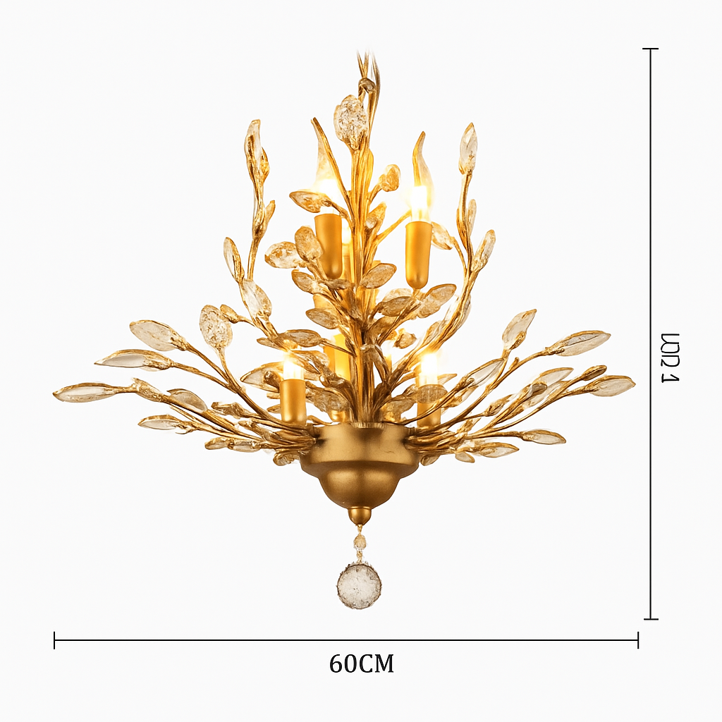 Lustre — LED en cristal doré à feuilles
