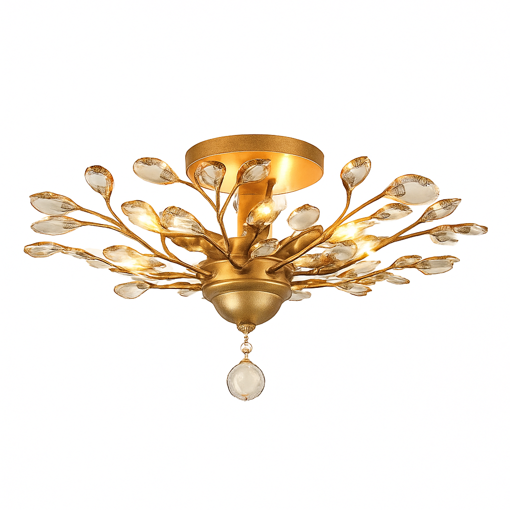 Lustre — LED en cristal doré à feuilles