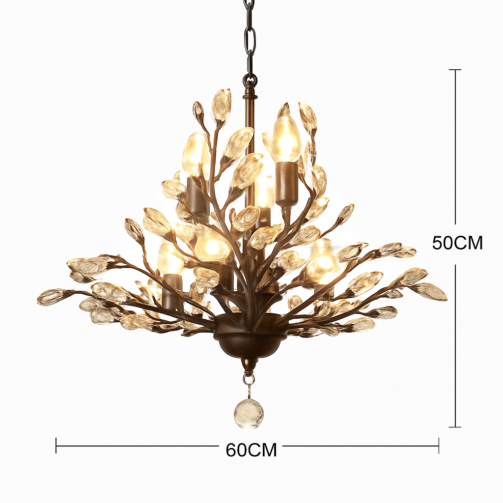 Lustre — LED en cristal doré à feuilles