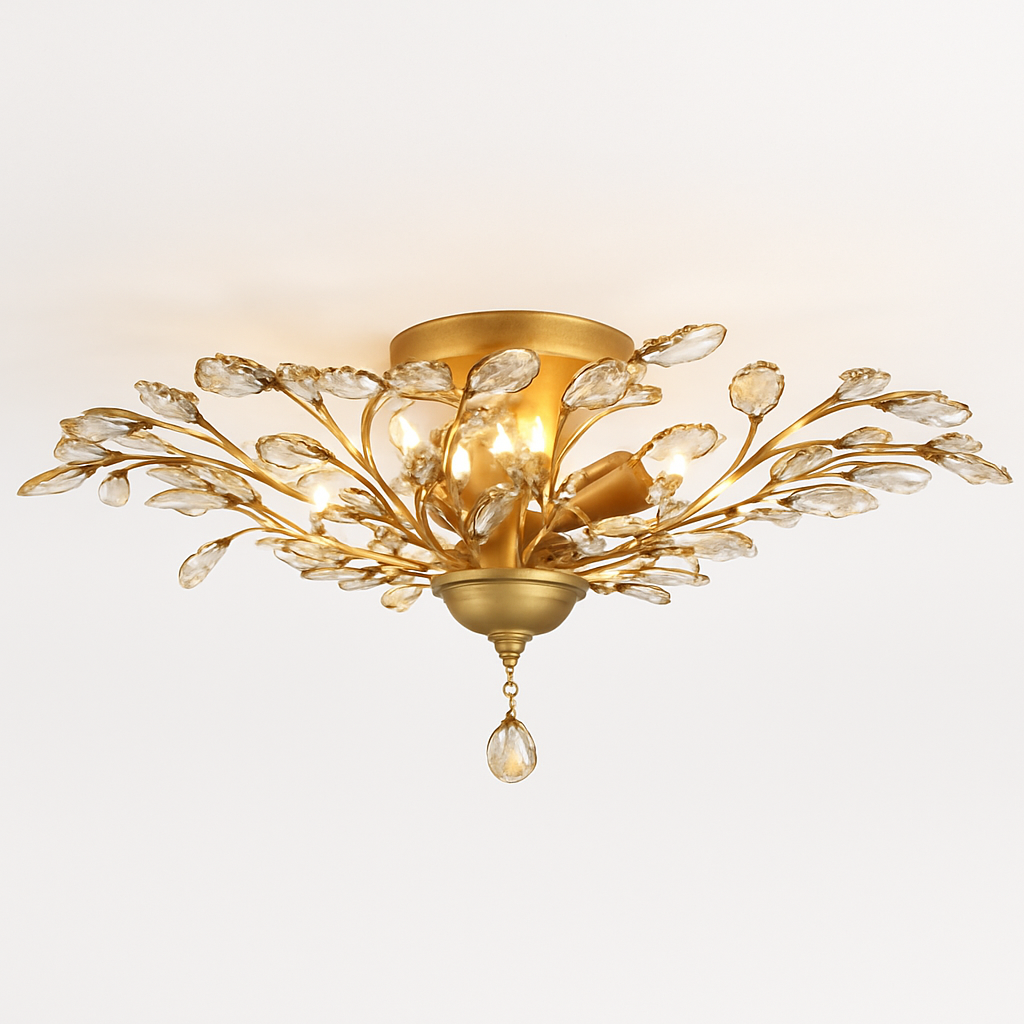 Lustre — LED en cristal doré à feuilles