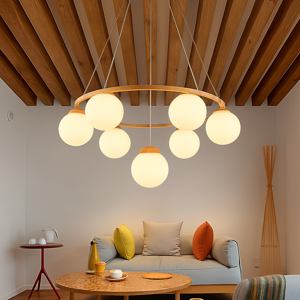Lustre — Suspendu en bois avec lampe en verre moderne