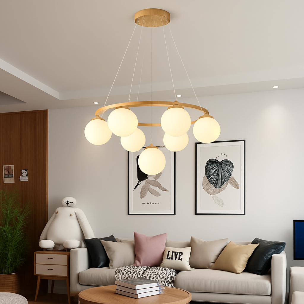 Lustre — Suspendu en bois avec lampe en verre moderne