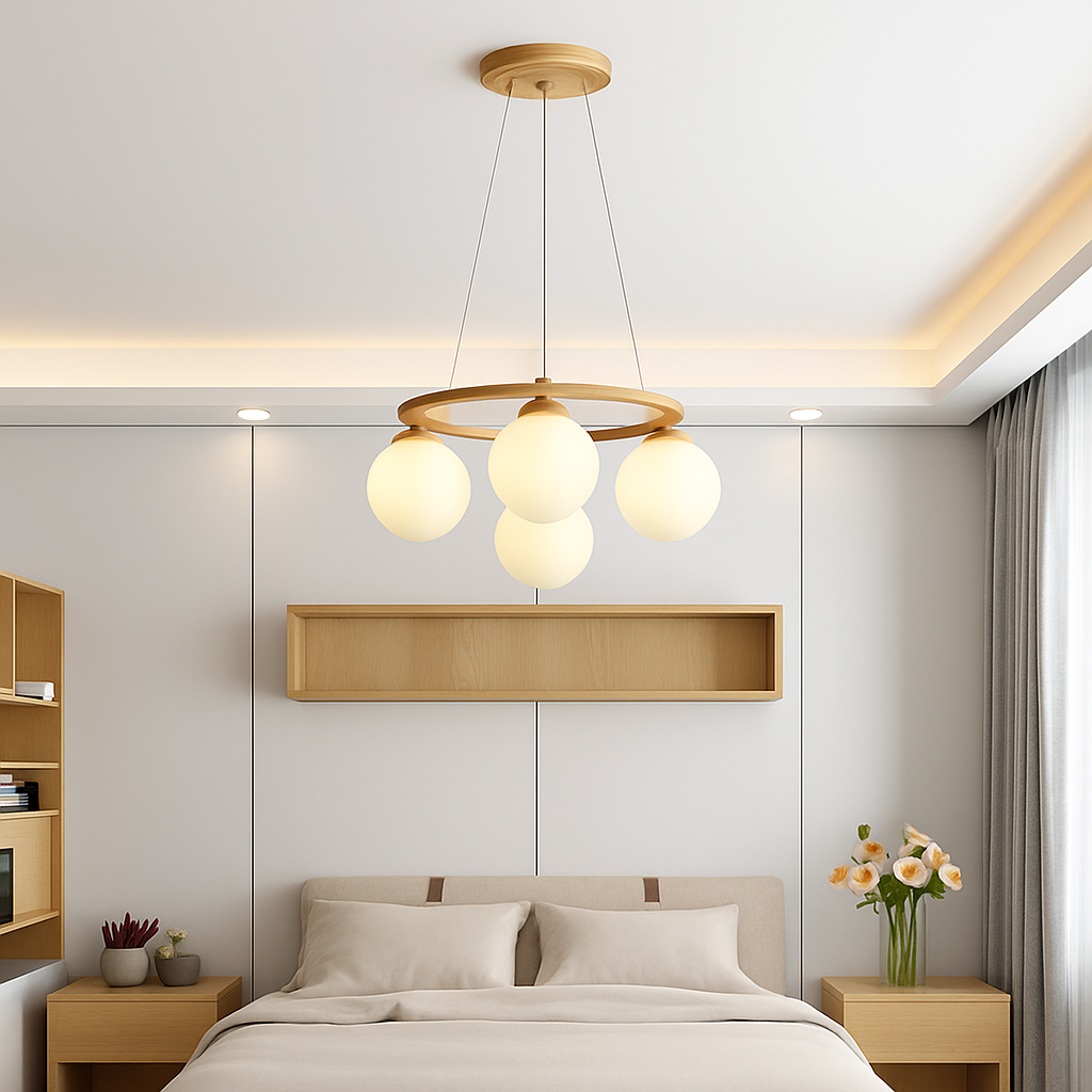 Lustre — Suspendu en bois avec lampe en verre moderne