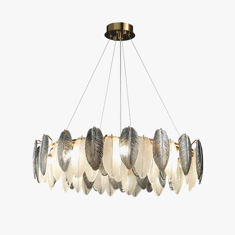 lustre suspendu led art déco avec plumes blanches et grises