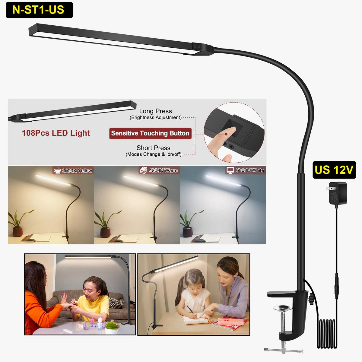 Suspension — NEWACALOX pince de bureau barre d'écran suspension lumière 360 ° rotatif pliant bras Flexible Support 108 pièces LED SMD Protection des yeux lampe de bureau