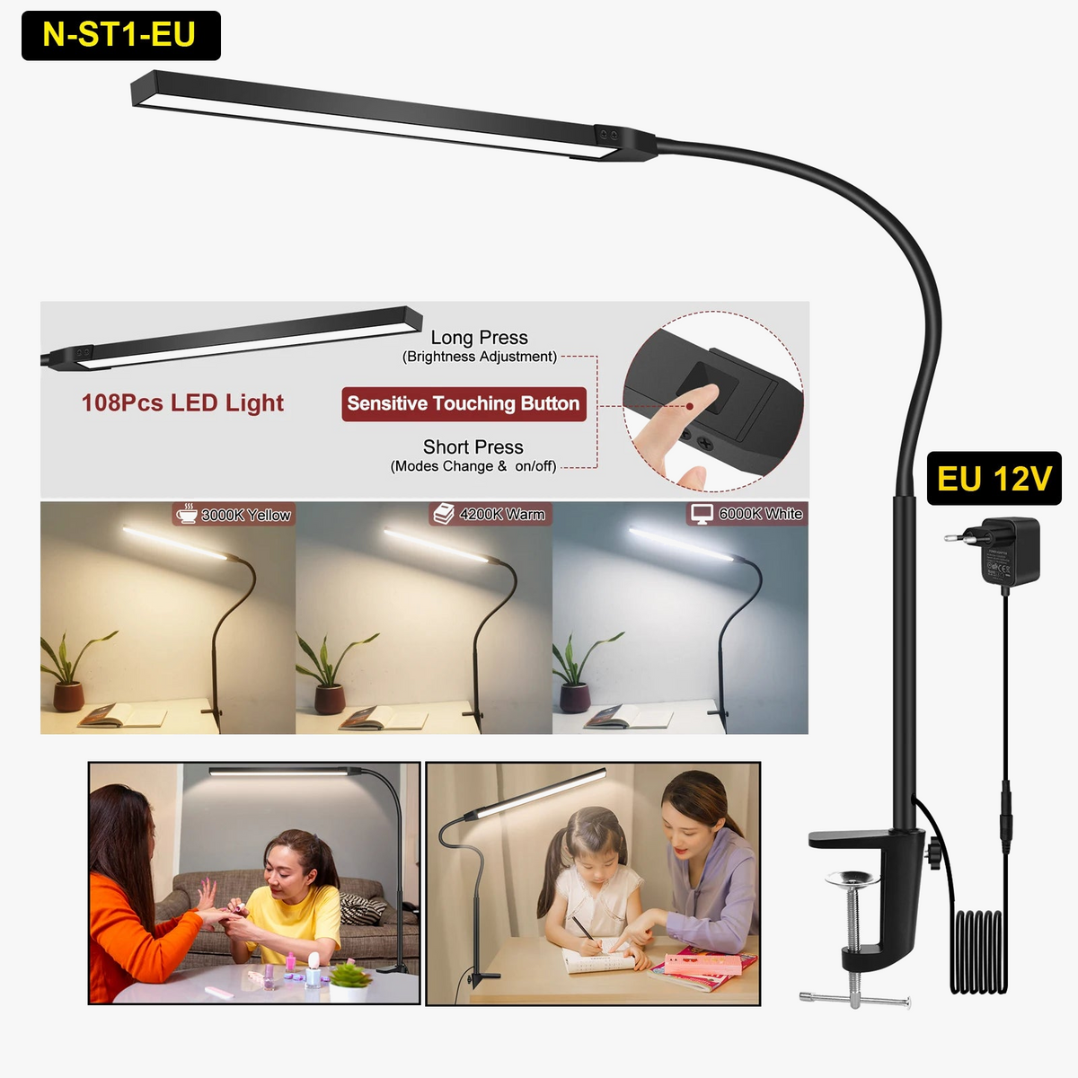 Suspension — NEWACALOX pince de bureau barre d'écran suspension lumière 360 ° rotatif pliant bras Flexible Support 108 pièces LED SMD Protection des yeux lampe de bureau