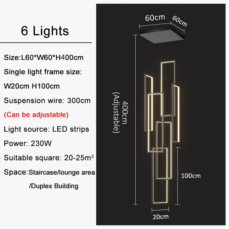 Lustre — Grand lustre Or noir LED maison intérieur salon escalier Hall rectangulaire