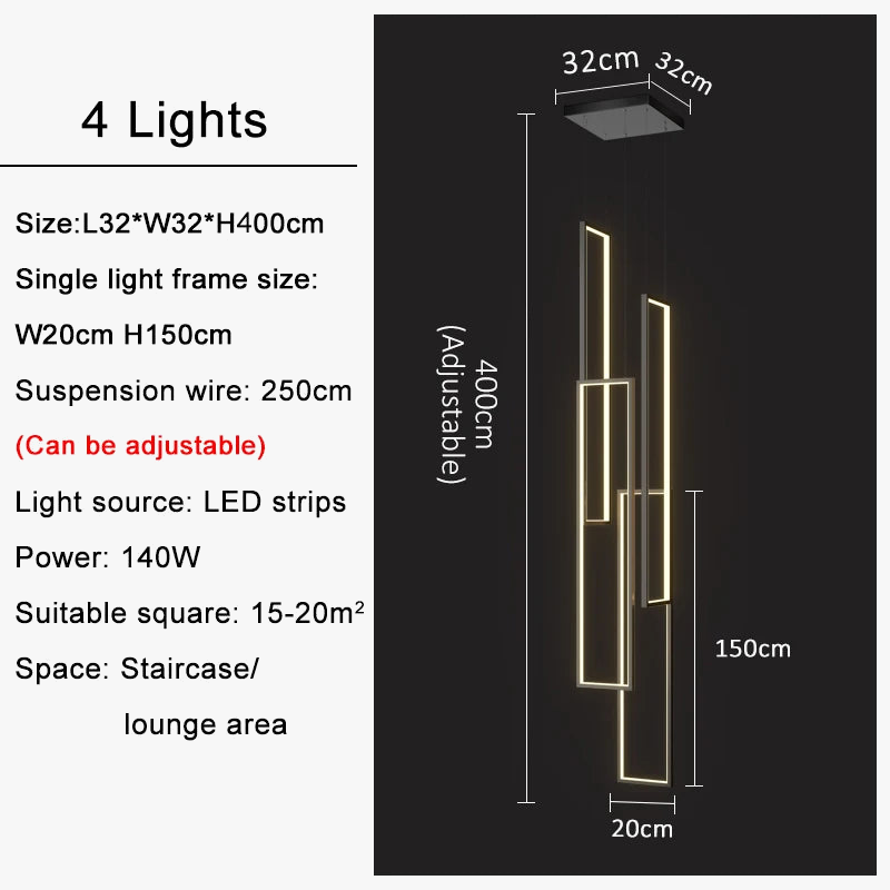 Lustre — Grand lustre Or noir LED maison intérieur salon escalier Hall rectangulaire