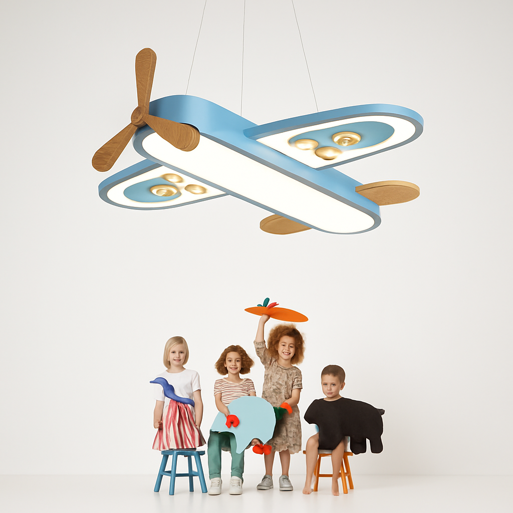 Plafonnier — Avion LED jaune bleu design minimaliste plafonnier en bois pour chambre d'enfant maison bébé garçons enfant suspension