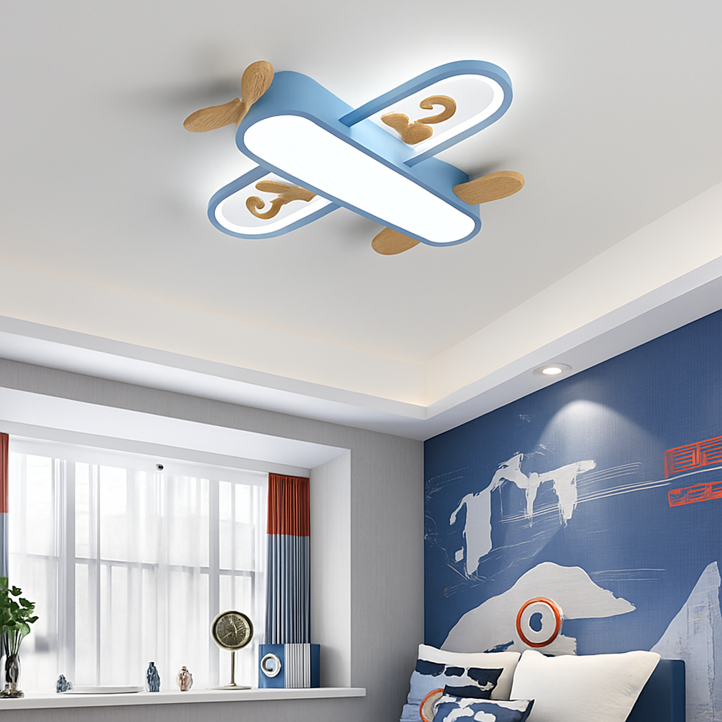 Plafonnier — Avion LED jaune bleu design minimaliste plafonnier en bois pour chambre d'enfant maison bébé garçons enfant suspension