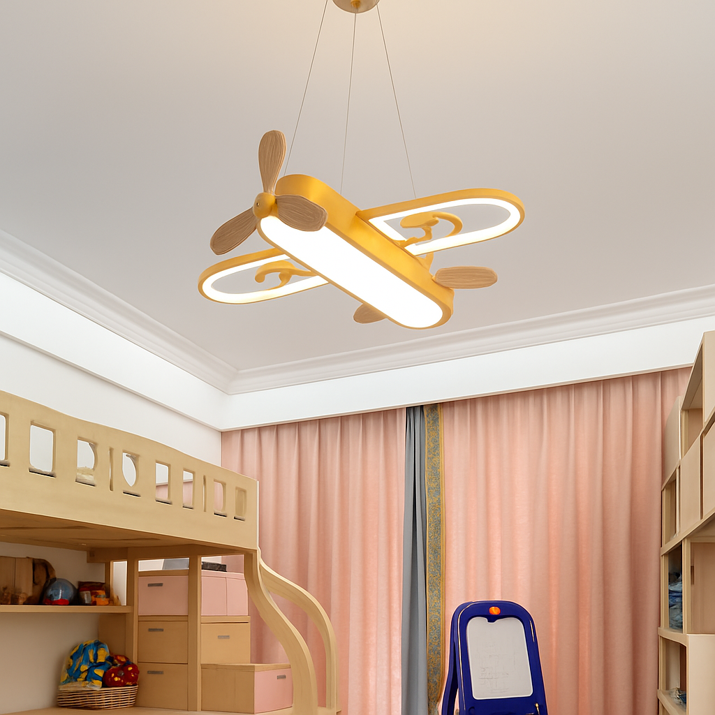 Plafonnier — Avion LED jaune bleu design minimaliste plafonnier en bois pour chambre d'enfant maison bébé garçons enfant suspension