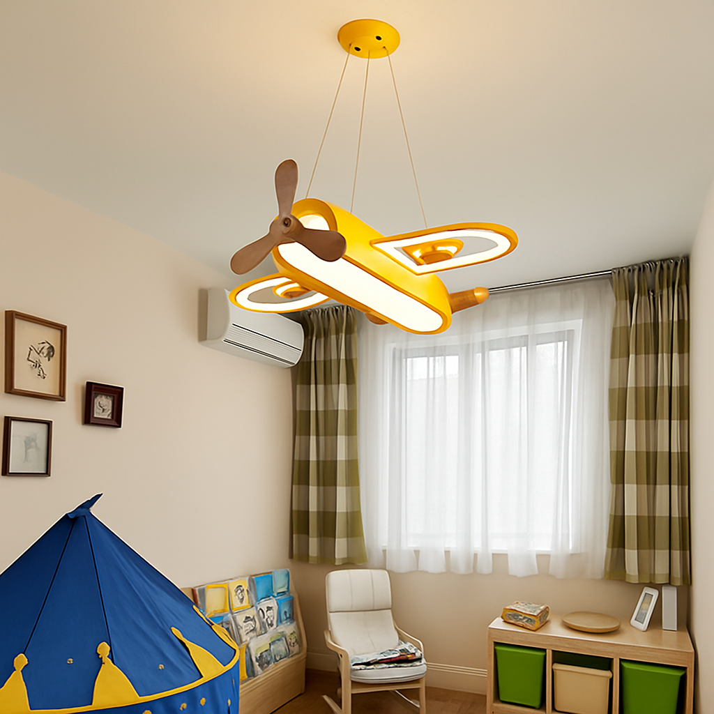 Plafonnier — Avion LED jaune bleu design minimaliste plafonnier en bois pour chambre d'enfant maison bébé garçons enfant suspension