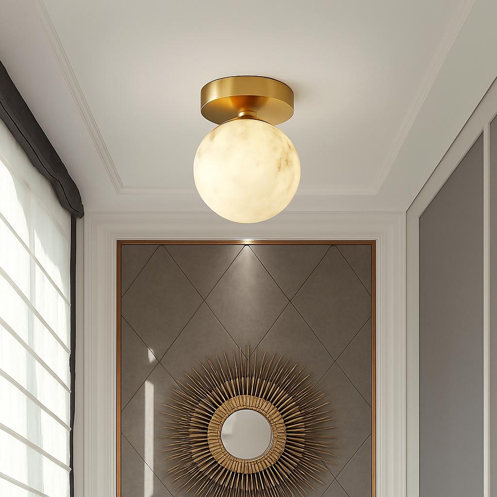 Plafonnier — Boule de marbre lumière d'entrée LED luxe en laiton doré petit carré toilettes chambre balcon allée Luminaire