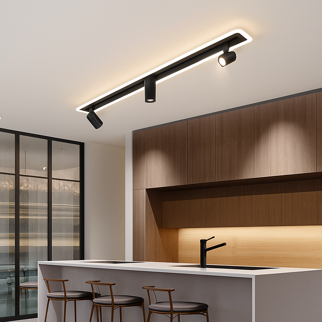 Plafonnier — Design moderne LED en métal noir avec plusieurs spots lumineux