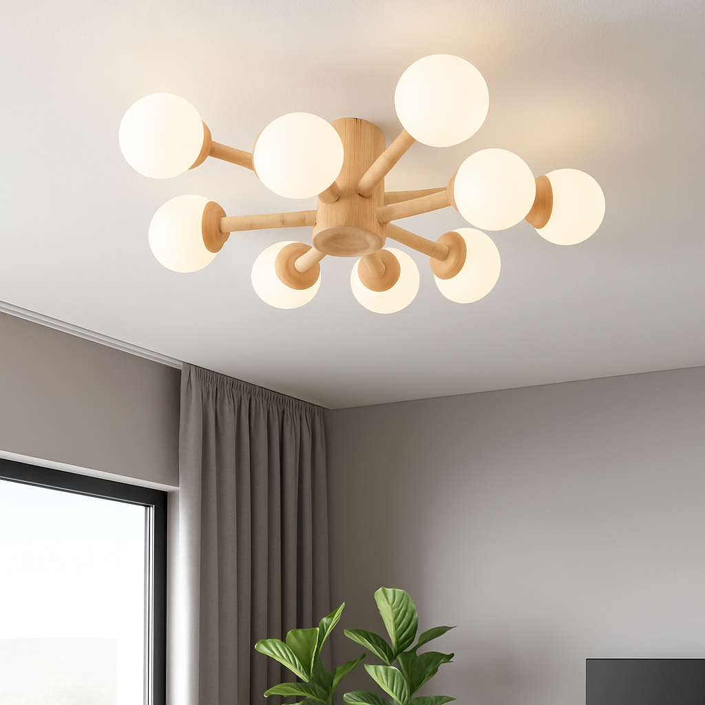 Abat-jour — En bois avec abat-jour boule de verre design moderne