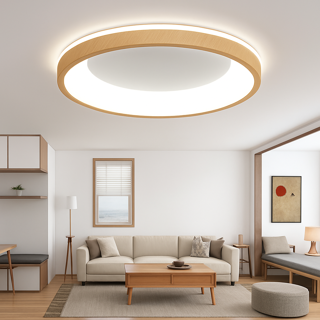 Plafonnier led circulaire grain de bois design moderne éclairage minimaliste Loïs Intervalle - Lignes Épurées & Atmosphère Sereine