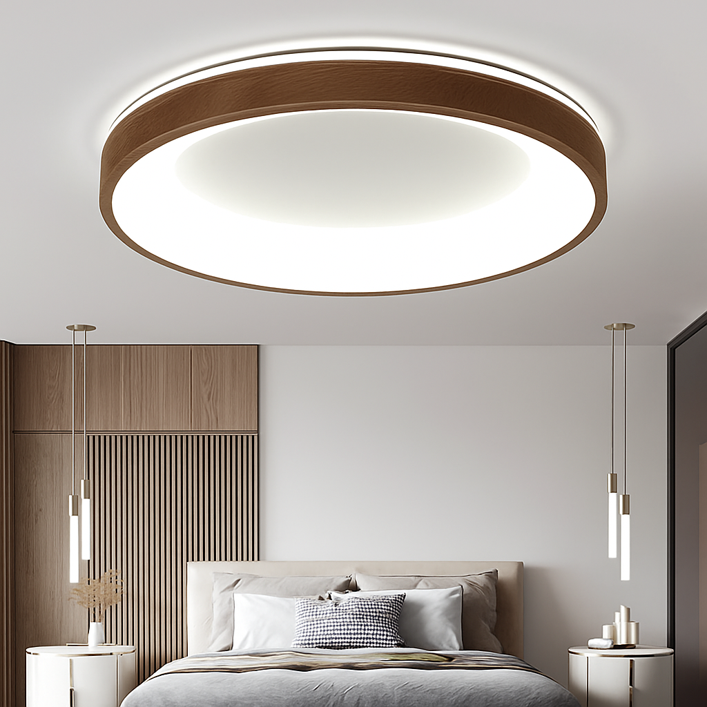 Plafonnier led circulaire grain de bois design moderne éclairage minimaliste Loïs Intervalle - Lignes Épurées & Atmosphère Sereine