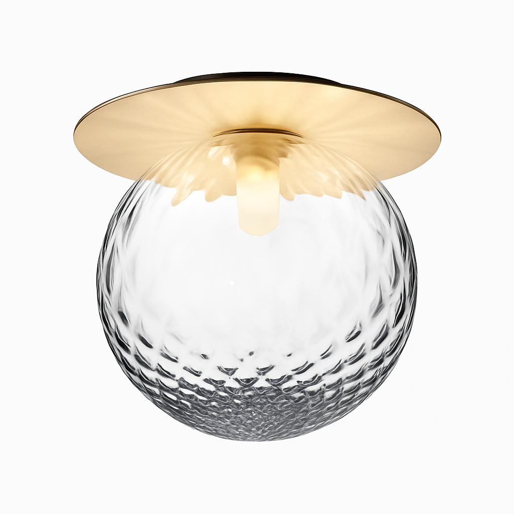 Plafonnier LED design rond doré avec boule en verre Porch Camille Intervalle - Reflets Subtils & Décor Raffiné