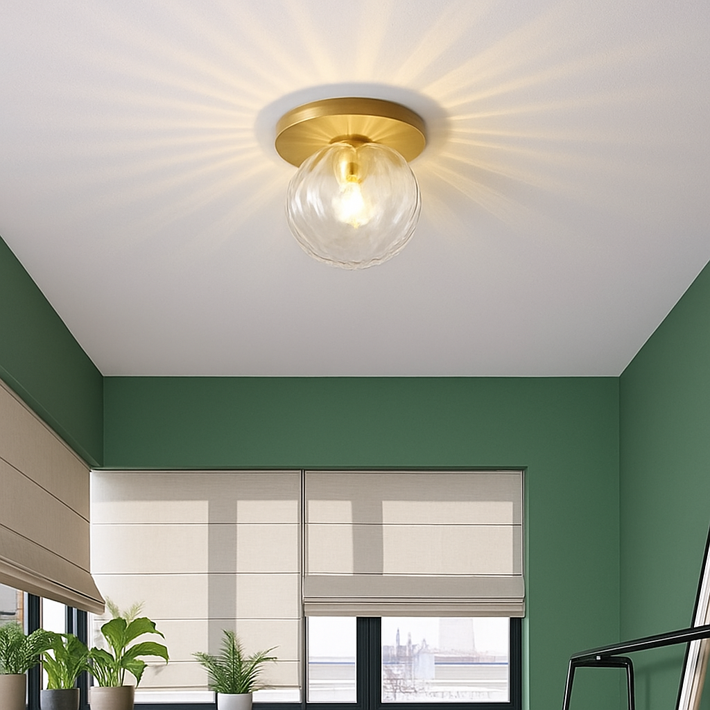 Plafonnier LED design rond doré avec boule en verre Porch Camille Intervalle - Reflets Subtils & Décor Raffiné