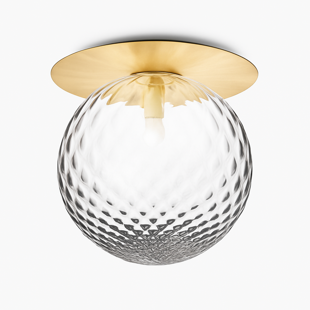 Plafonnier LED design rond doré avec boule en verre Porch Camille Intervalle - Reflets Subtils & Décor Raffiné