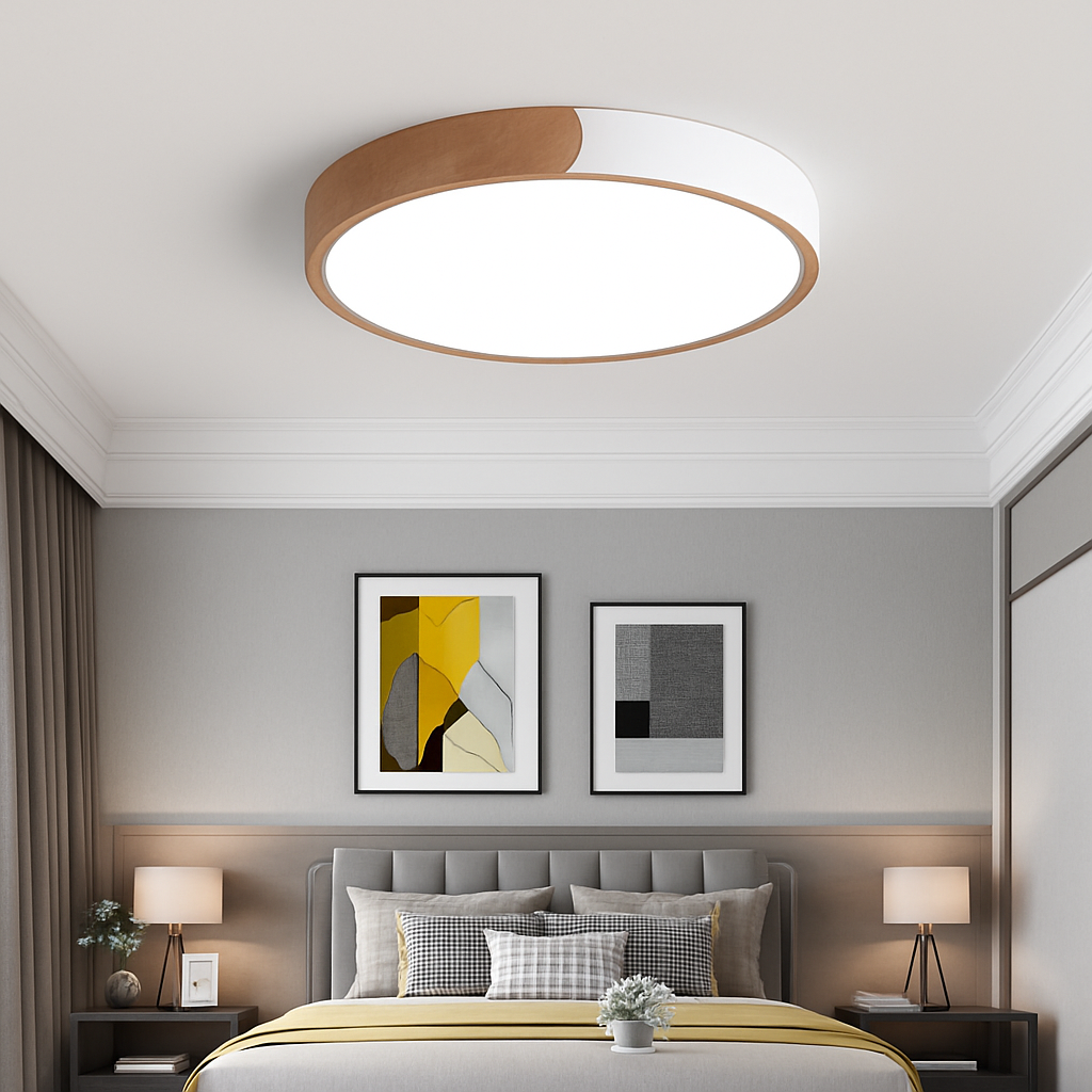 Plafonnier — LED rond en métal et bois arrondi Macaron