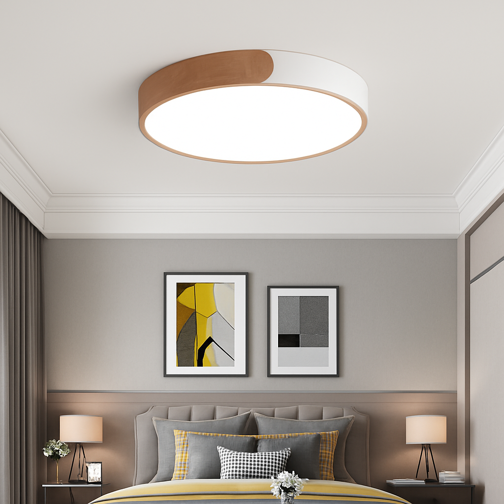 Plafonnier — LED rond en métal et bois arrondi Macaron