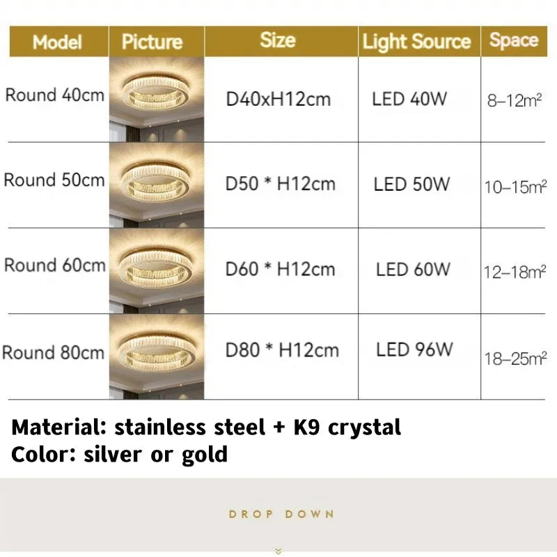 Plafonnier — LED ronde en cristal pour chambre à coucher salon Foyer salle à manger moderne luxe en acier inoxydable plafonnier en cristal