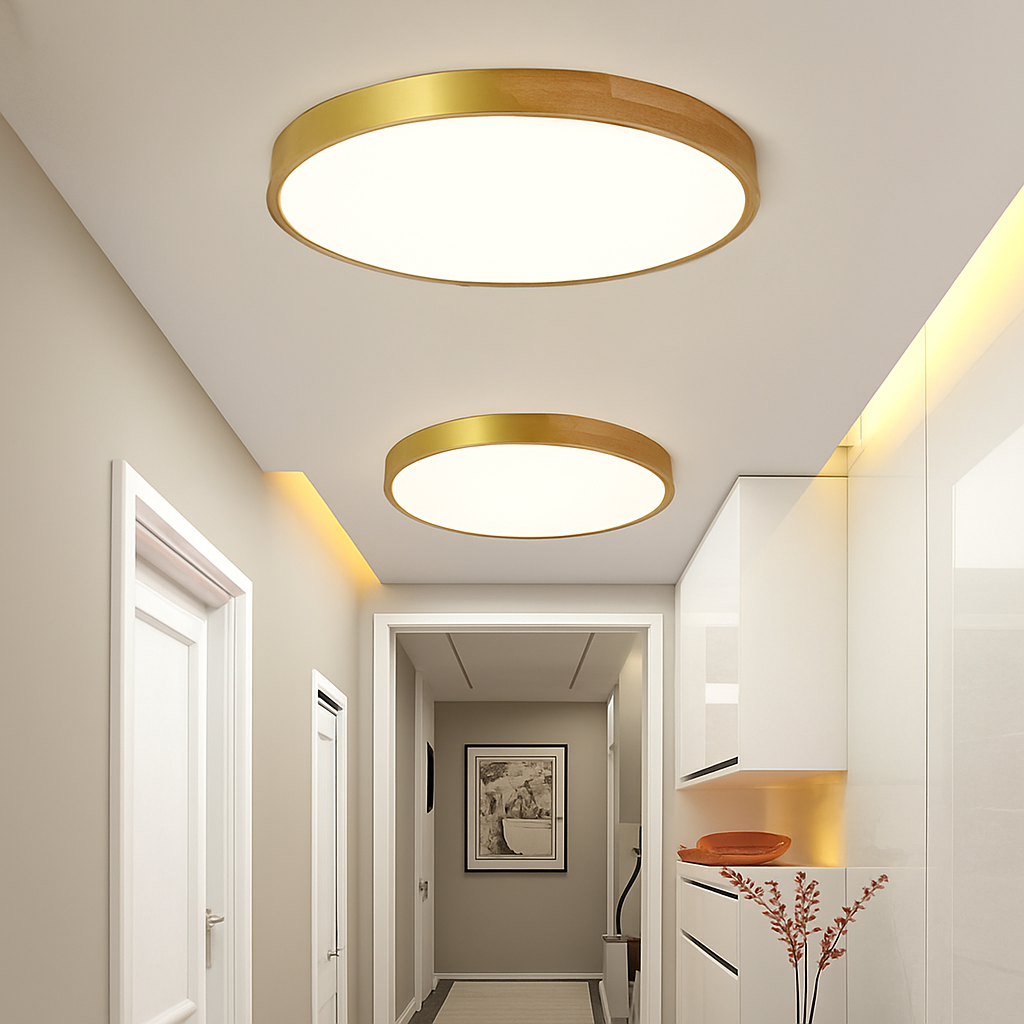Plafonnier led ultra-mince moderne avec télécommande pour décoration maison Arsène Écho en Bois - Chaleur du Bois & Atmosphère Accueillante