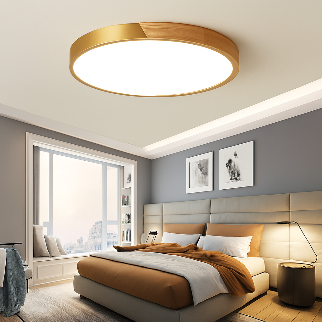 Plafonnier led ultra-mince moderne avec télécommande pour décoration maison Arsène Écho en Bois - Chaleur du Bois & Atmosphère Accueillante